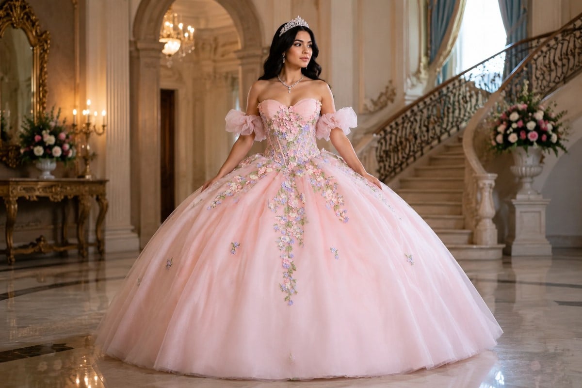 Black-haired model in Quinceanera gown, early research phase.
