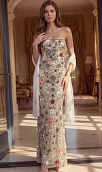 Elegant evening gown with a straight-across neckline, form-fitting silhouette, and vibrant floral accents.