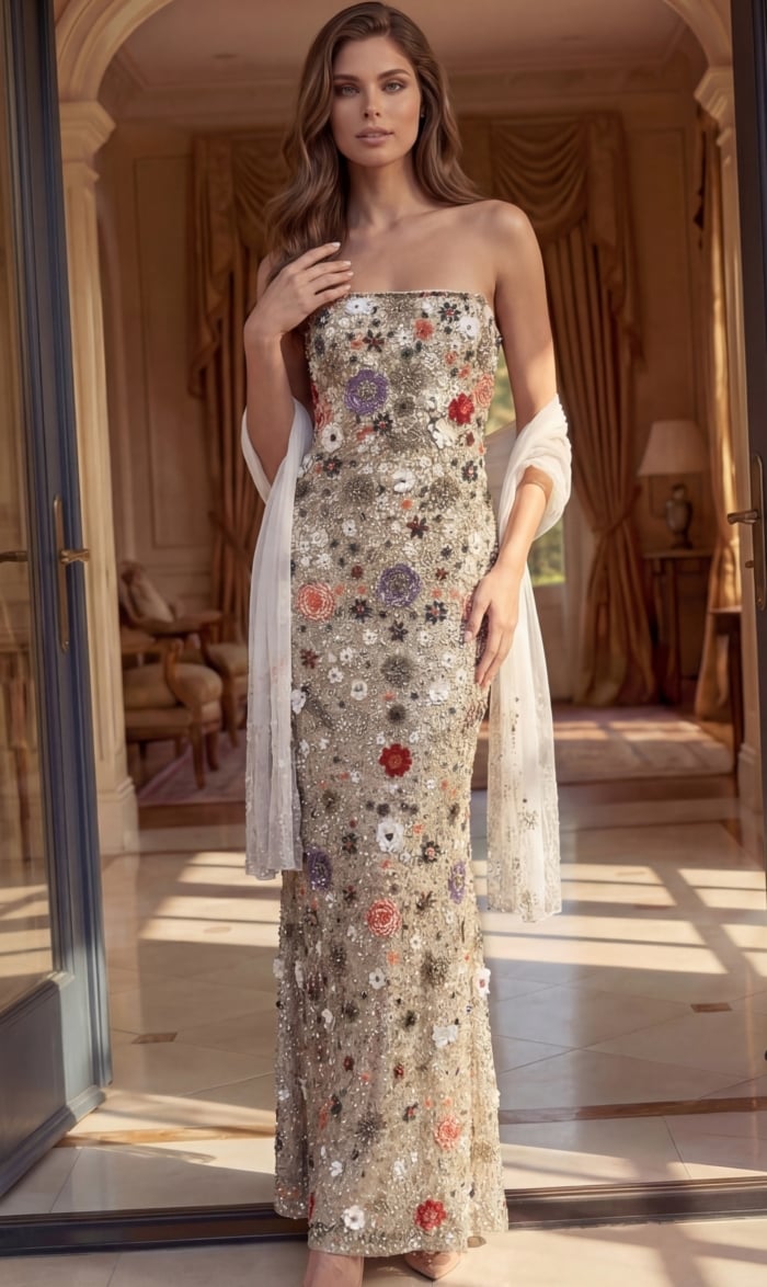 Elegant evening gown with a straight-across neckline, form-fitting silhouette, and vibrant floral accents.