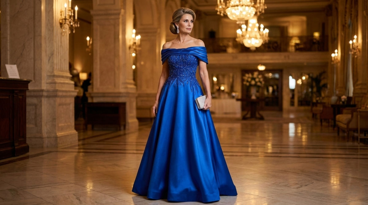Elegant mother of the groom in a royal blue off-the-shoulder satin ball gown with a beaded bodice, standing in a luxury hotel lobby.