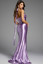 Back view of a halter neck satin evening gown, highlighting the smooth fabric, fitted design, and flowing train.