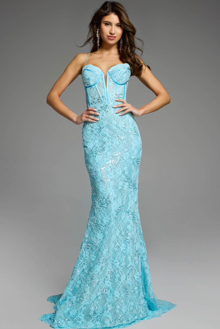 Elegant lace dress with corset design.