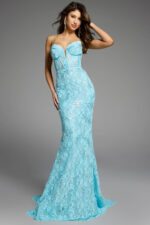 Lace corset gown side pose.