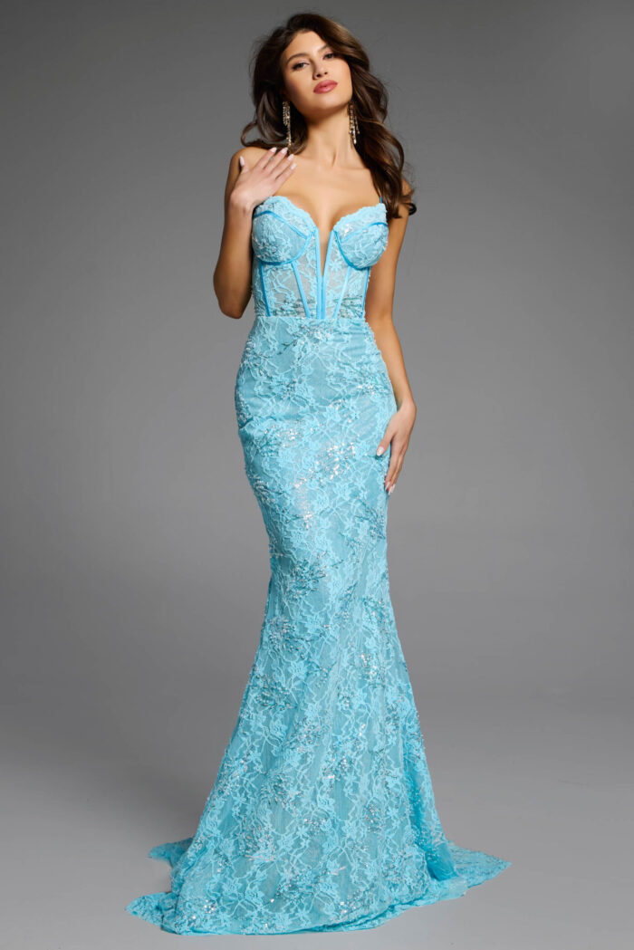 Lace corset mermaid gown front view.