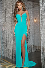 Full front view of model wearing Jovani D5020 blue gown with high slit and embellished neckline.