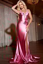 Model wearing Jovani D5043 pink gown with deep V-neckline and high slit, front view