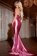 Back view of model wearing Jovani D5043 pink gown