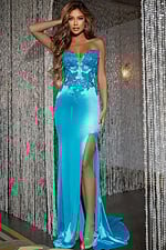 Model wearing Jovani D5048 blue dress with sweetheart neckline and lace details, featuring a high slit.