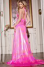 Model showcasing the open back of Jovani D5058 pink gown.