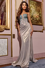 model in front view of D5076 gold dress highlighting sequin floral bodice and elegance