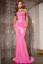 Model wearing Jovani D5079 pink mermaid dress front view.