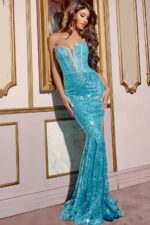 model in front view of D5080 blue mermaid dress, showcasing glitter details