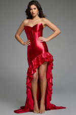 Satin High-Low Dress With a Dramatic Train.