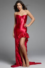 Elegant Satin Gown Featuring Ruffle Accents.