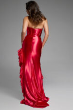 back view of red ruffled high low dress D5099