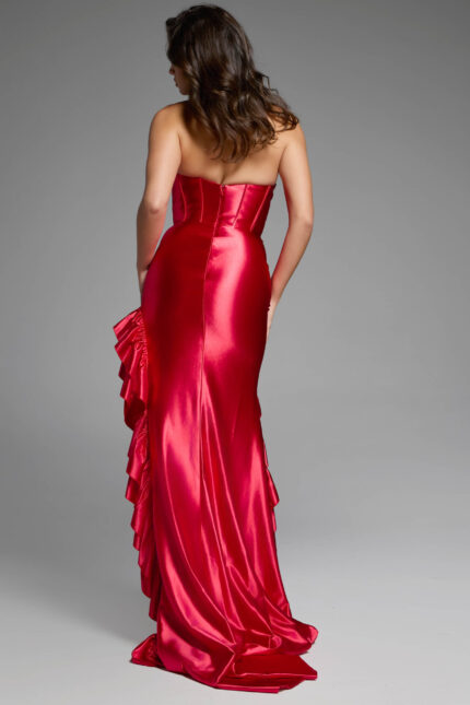 back view of red ruffled high low dress D5099