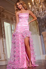Model wearing Jovani D5101 front view with a square neckline and high-slit ruffled pink skirt.