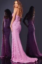 Back view of Jovani D5107 lilac dress highlighting elegant design and floral motifs.