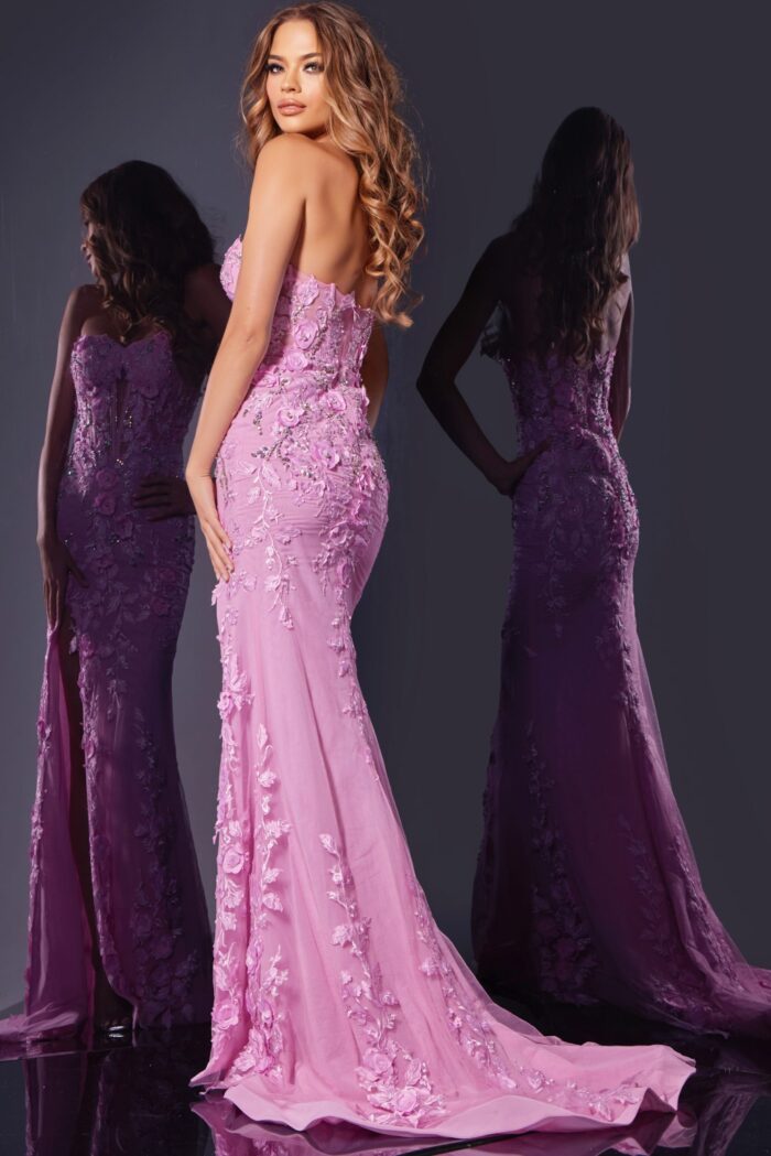 Back view of Jovani D5107 lilac dress highlighting elegant design and floral motifs.