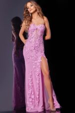Model wearing Jovani D5107 lilac dress with sweetheart neckline and floral embellishments.
