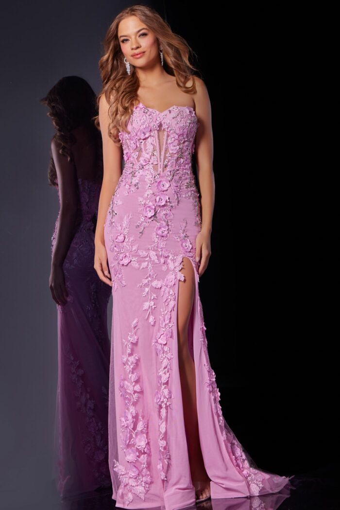 Model wearing Jovani D5107 lilac dress with ornate floral patterns.