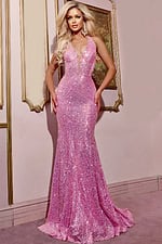 Model wearing Jovani D5302 pink dress with intricate beadwork.