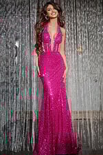 Model wearing Jovani D5302 fuchsia dress with mermaid silhouette.