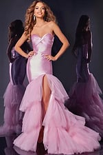 model wearing D5315 pink gown with sweetheart neckline and cascading tulle layers
