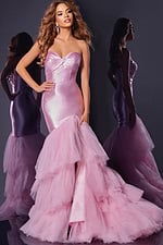 model in D5315 pink gown showcasing sweetheart neckline and high-slit skirt
