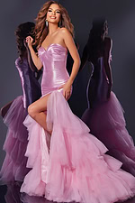 model wearing D5315 pink dress with layered tulle skirt and fitted bodice