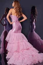 back view of D5315 pink gown featuring flowing layers and fitted design