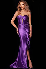model in D5318 purple gown showcasing pleated bodice and ruffles
