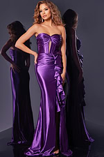 model displaying D5318 purple gown with dramatic ruffles and pleating