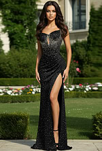 back of embellished dress with high slit D5411