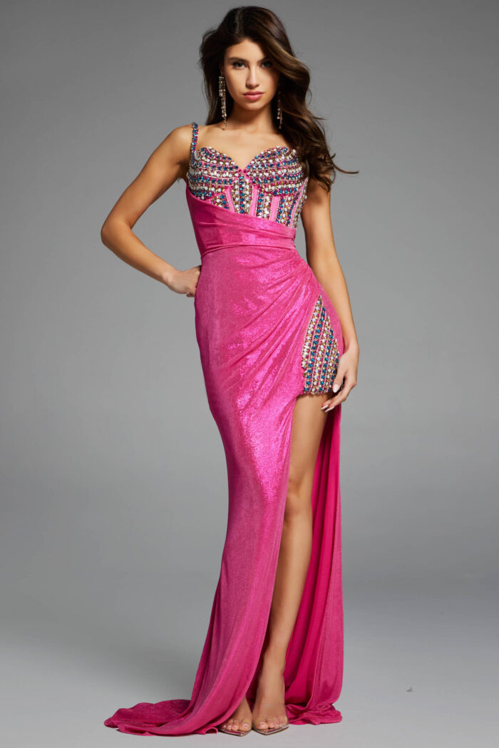 Vibrant pink formal dress featuring intricate beadwork.