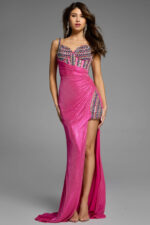 Beaded bodice pink evening dress with draped skirt.
