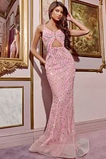 Model wearing D5713 pink gown with embellishments and front cutout