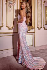 Back view of model wearing Jovani D5722 pink gown with intricate embellishments.