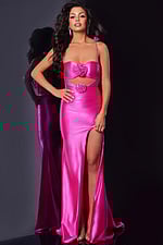 Front full-length shot of model in Jovani D5807 fuchsia dress.