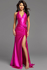 Halter Neck Satin Gown with High Slit and Floral Detail
