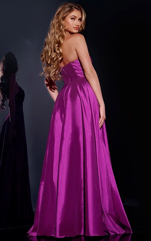 Back view of model wearing Jovani D5822 purple dress showcasing the elegant flow.