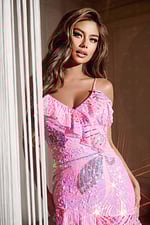 Close-up of model in Jovani D5981 showing pink dress details and sweetheart neckline.
