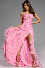 Side view of a pink gown showcasing layered ruffles and intricate floral details.