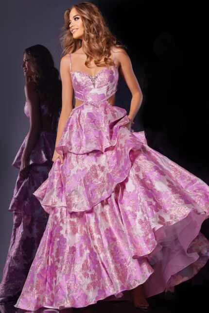 Model wearing D5994 pink gown with floral pattern and sweetheart neckline.