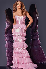 Model wearing D5995 pink dress with sweetheart neckline and ruffled tiers.