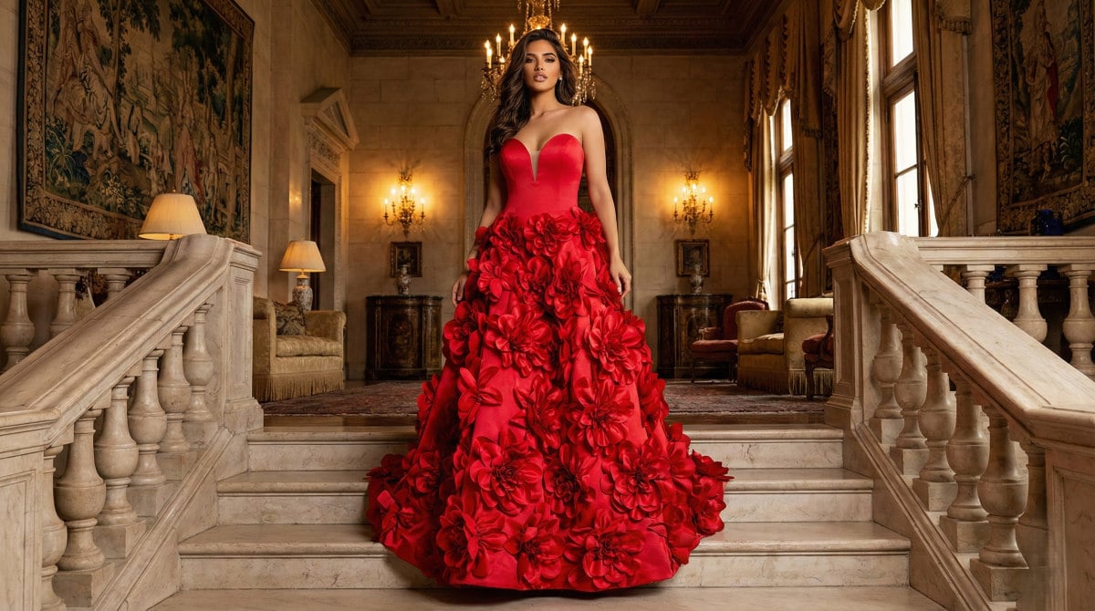 Full-length view of a luxury red strapless ball gown with a voluminous 3D floral skirt on a grand staircase