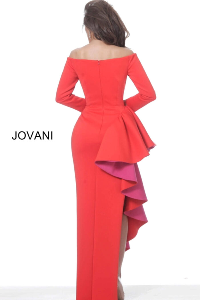 Back view of model wearing Jovani 00574 red gown with elegant ruffle detail.