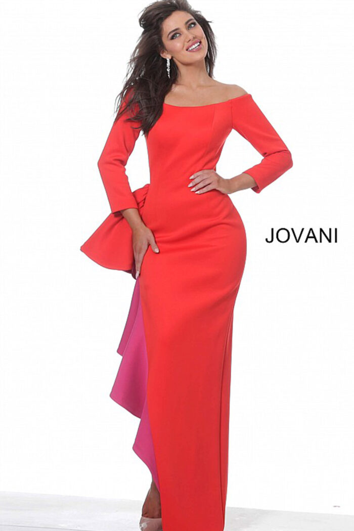 Model wearing Jovani 00574 red gown with off-shoulder neckline and ruffle detail.