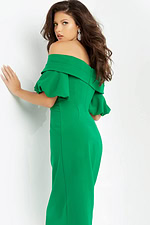 back view of model wearing 06832 green off-the-shoulder dress