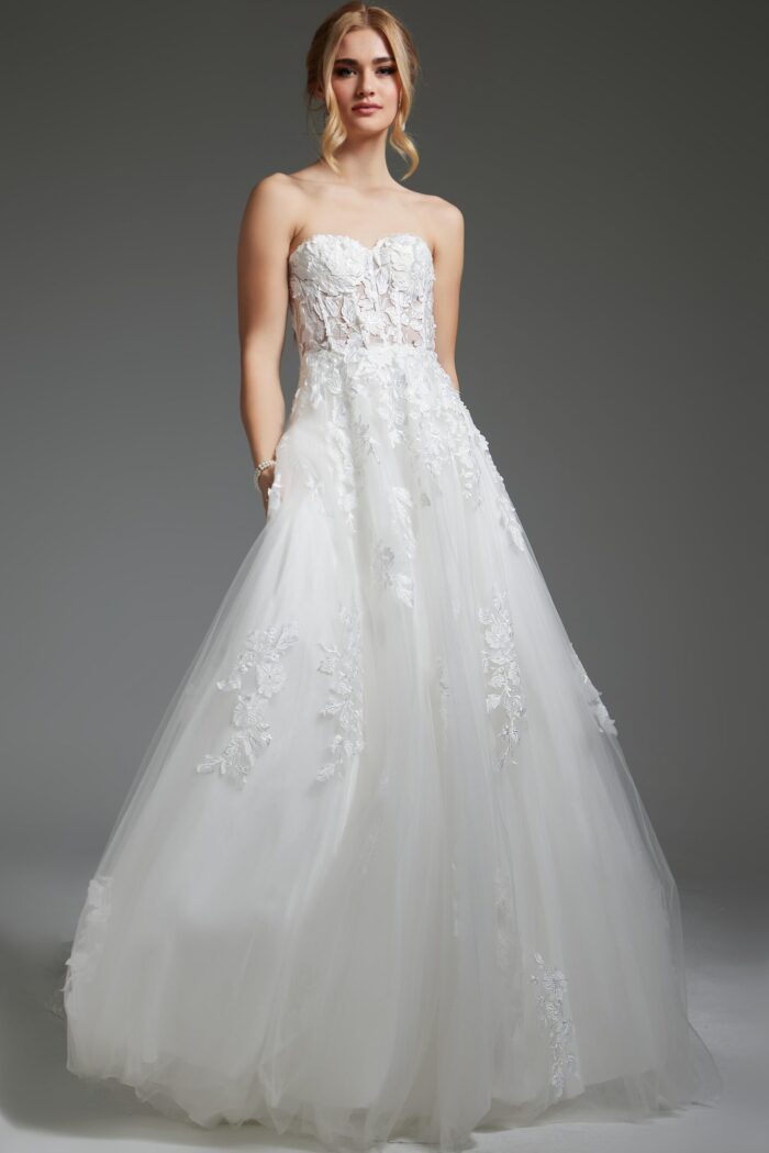 Front view of ivory Jovani JB05361, showing stunning floral embroidery and sweetheart neckline.
